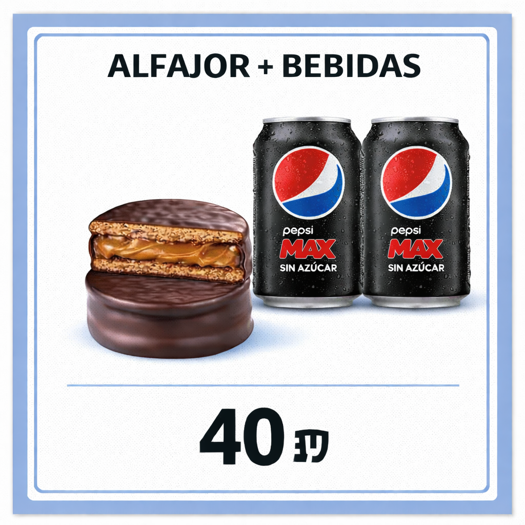 2 bebidas y 1 Alfajor Vajula